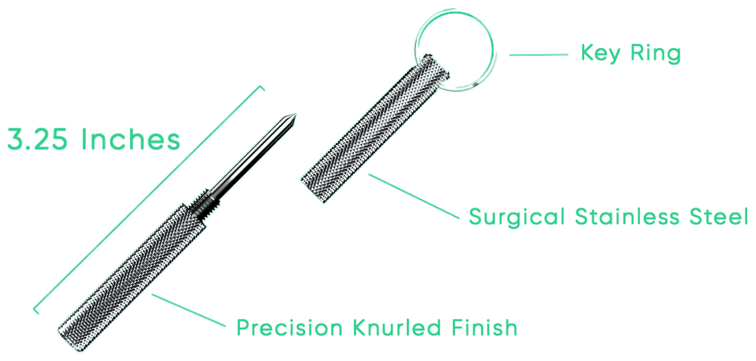 The Cigar Bar taken apart: key ring, surgical stainless steel body, precision knurled finish, 3.25 inches long